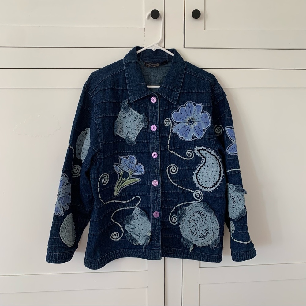 New Direction Dark Navy Cottage Western Aplique Floral Stripe Jacket Size Medium